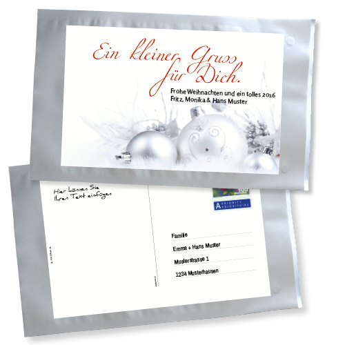 1023_Tee-Postkarte | Ein kleiner Gruss...mit silbernen Weihnachtskugeln