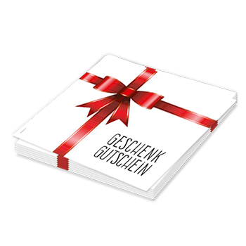 Geschenkgutschein mit roter Geschenkschlaufe, eigenem Text und Logo