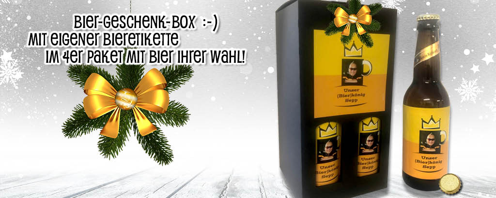 Bier-Geschenk-Box mit individuell gestalteter Etikette und Bier nach Wahl