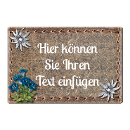 1085_Swissness-Blechschild | Lederoptik mit Enzian und Edelweiss und eigenem Namen