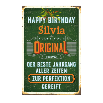 1095_Blechschild - Happy Birthday, alles noch Original, mit eigenem Namen