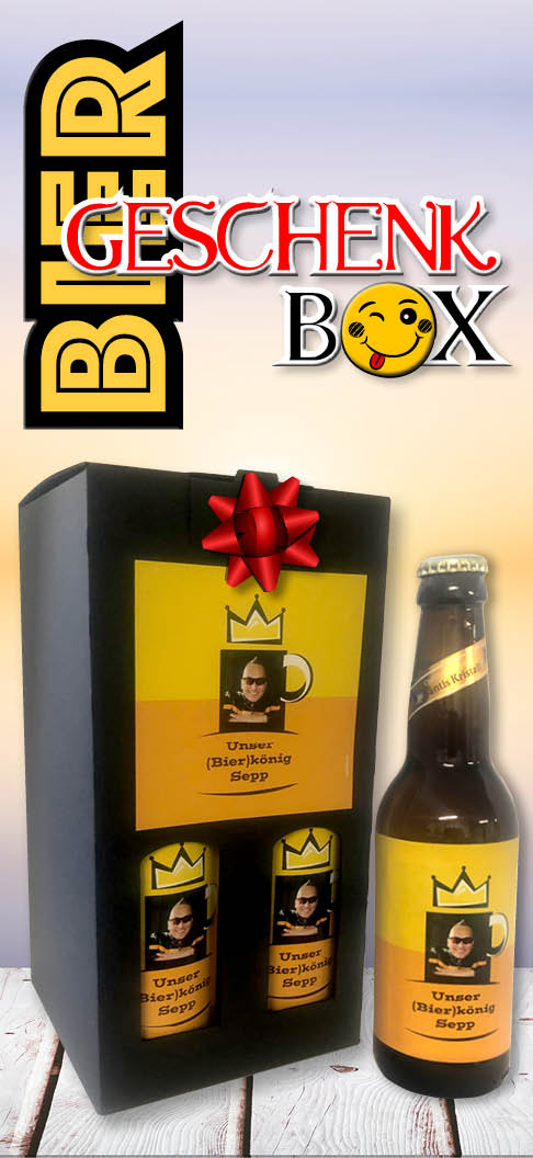 Bier-Geschenk-Box mit Bier Ihrer Wahl und individuell bedruckten Bieretiketten