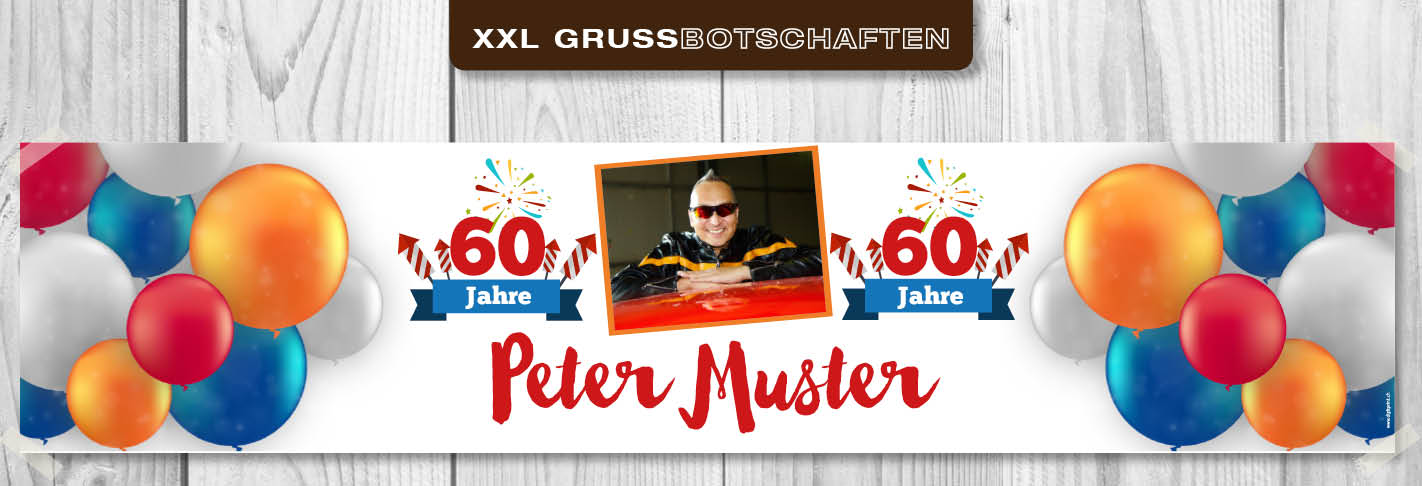 XXL-Grussbotschaft mit Foto und Namen als Bannerdruck zum Geburtstag, Hochzeit, Jubiläum usw.