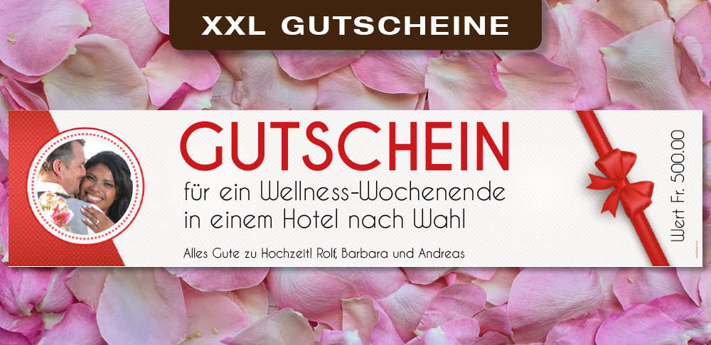 XXL-Gutscheine zur Hochzeit mit Foto und Namen als Bannerdruck