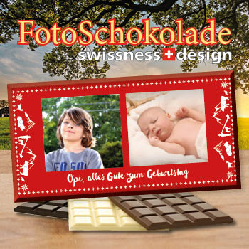 Fotoschokolade im Swissness-Design personalisierbar