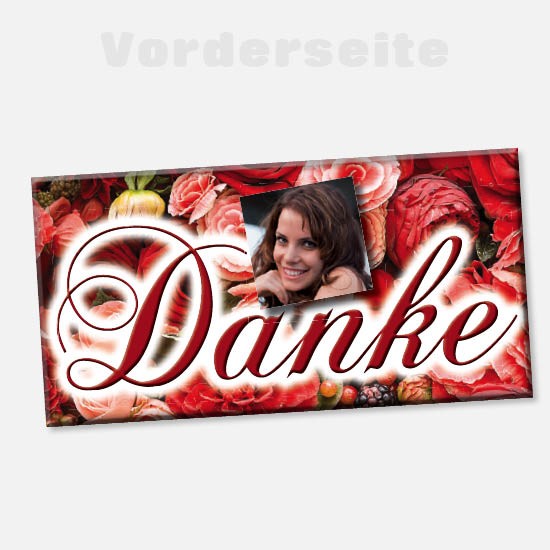 Foto-Schokolade 1090 | Danke, mit Rosenhintergrund