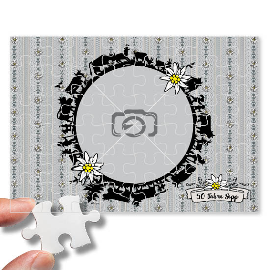 Foto-Puzzle 1020 | Scherenschnitt Alpaufzug mit grauem Edelweiss Hintergrund