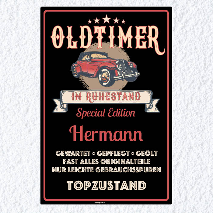 1090_Blechschild | Oldtimer im Ruhestand, mit eigenem Namen