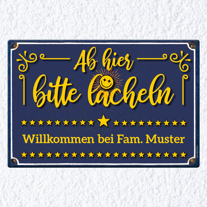 1117_Blechschild | Ab hier bitte lächeln, personalisierbar