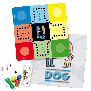 Das DOG-Spiel enthält 16 Spielfiguren, 2 Kartenspiele, 1 Spielbrett und 1 Spielanleitung