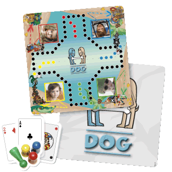 Das Schatzsucher-DOG-Spiel enthält 16 Spielfiguren, 2 Kartenspiele, 1 Spielbrett und 1 Spielanleitung