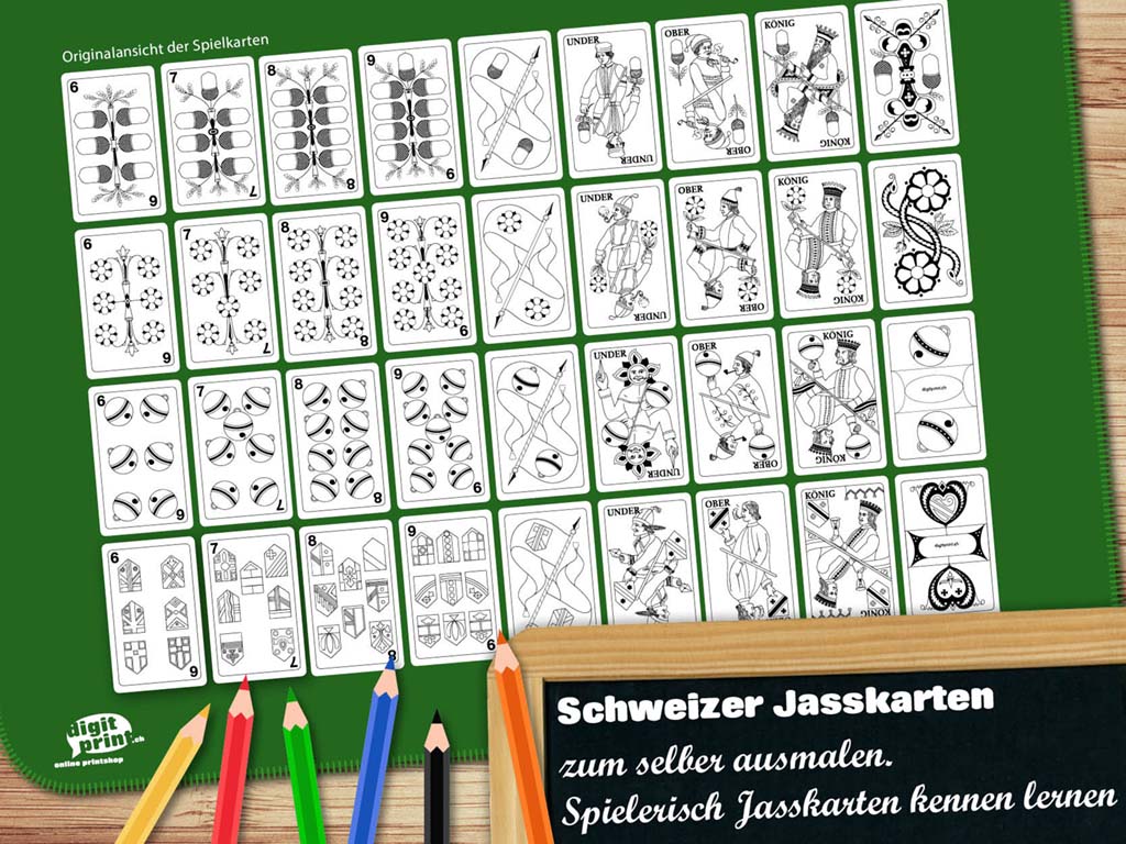 Schweizer Jasskartenspiel zum selber ausmalen